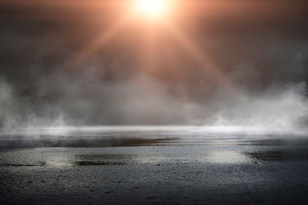 Wet asphalt, reflection of neon lights, a searchlight, smoke. Ab